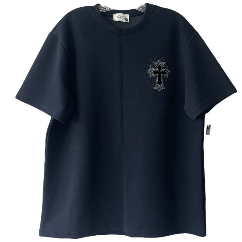 Metallic Cross Short Sleeve Shirt Embroidered Black Grey Silver MKAILONG Size XL